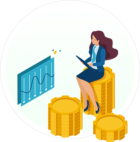 Lady sitting on gold coins looking at a screen with a graph showing signs of activity.